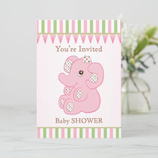 Cute roze olifant girl Baby shower Uitnodiging (Staand voorkant)