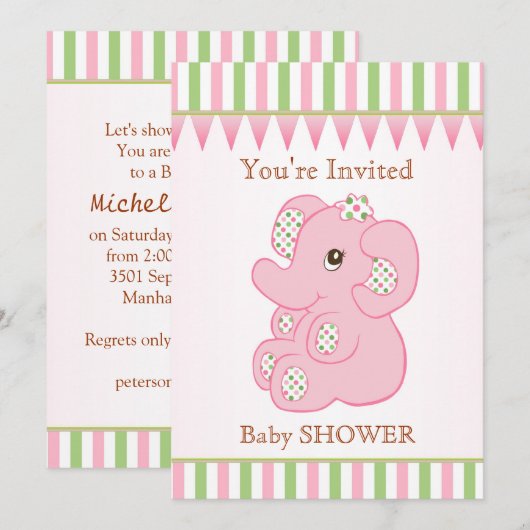 Cute roze olifant girl Baby shower Uitnodiging (Voorkant / Achterkant)