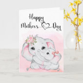 Cute Roze Olifant Moeder Baby Moederdag Kaart (Gele Bloem)