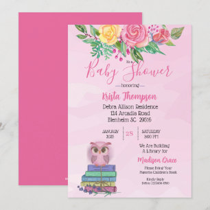 Cute roze Owl Breng een boek Baby shower Kaart