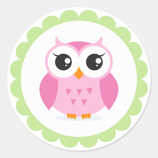 Cute roze owl cartoon in groene grens ronde sticker (Voorkant)