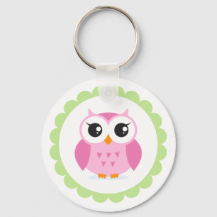 Cute roze owl cartoon in groene grens sleutelhanger