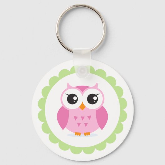 Cute roze owl cartoon in groene grens sleutelhanger (Voorkant)