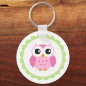 Cute roze owl cartoon in groene grens sleutelhanger (Voorkant)