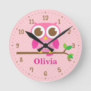 Cute roze Owl on Branch Girls Wall Decor Clock Ronde Klok