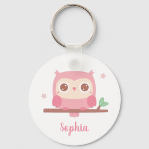 Cute roze Owl on Branch, meisjes gepersonaliseerd Sleutelhanger