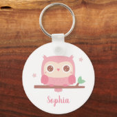 Cute roze Owl on Branch, meisjes gepersonaliseerd Sleutelhanger (Voorkant)