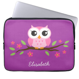 Cute roze owl op florale tak paarse douanenaam laptop sleeve