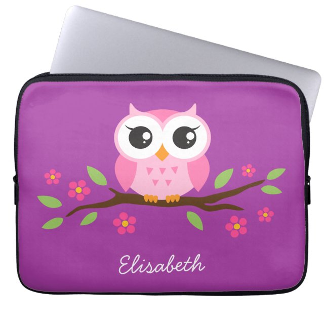 Cute roze owl op florale tak paarse douanenaam laptop sleeve (Voorkant)