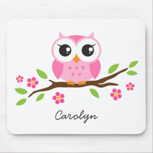 Cute roze owl op gepersonaliseerde naam van de blo muismat