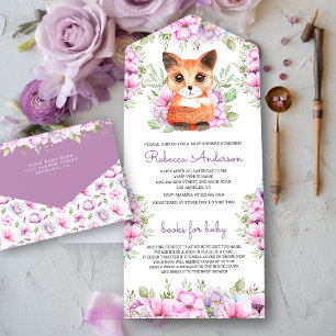 Cute Roze Paarse Bloemige Kitten Baby Shower All In One Uitnodiging
