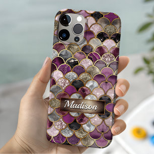 Cute roze paarse gouden zeemeermin schubben iPhone 15 case