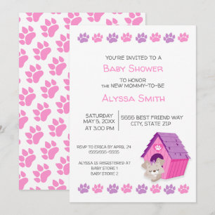 Cute Roze Paarse Puppies Hond Baby Shower Uitnodig Kaart