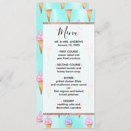 Cute roze Paarse Summer Ice Cream Cones Waterverf Menu (Voorkant / Achterkant)