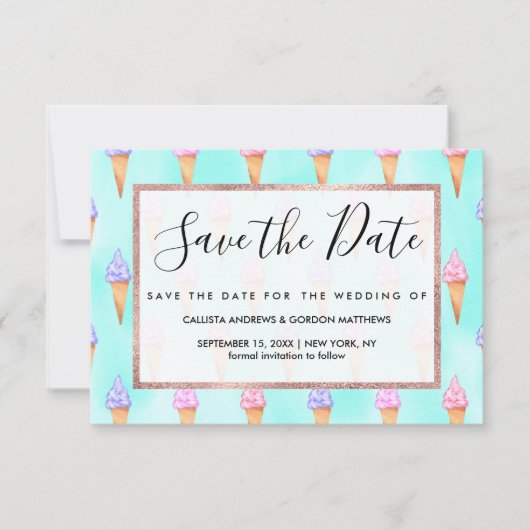 Cute roze Paarse Summer Ice Cream Cones Waterverf Save The Date (Voorkant)