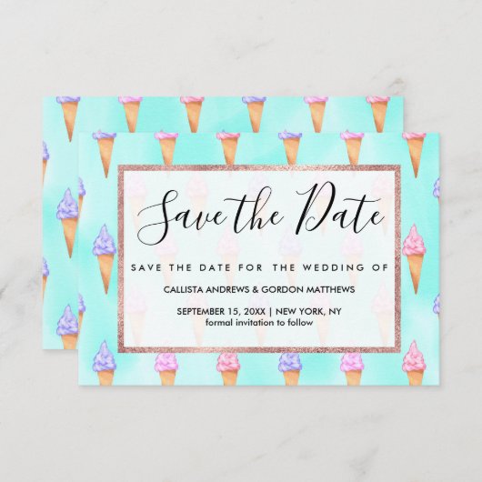 Cute roze Paarse Summer Ice Cream Cones Waterverf Save The Date (Voorkant / Achterkant)