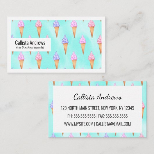 Cute roze Paarse Summer Ice Cream Cones Waterverf Visitekaartje (Voorkant / Achterkant)