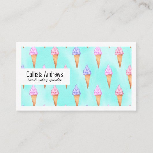 Cute roze Paarse Summer Ice Cream Cones Waterverf Visitekaartje (Voorkant)