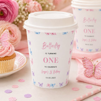 Cute Roze Paarse Vlinder 1e Verjaardag voor Meisje Papieren Bekers