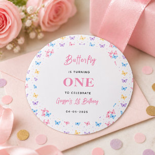 Cute Roze Paarse Vlinder 1e Verjaardag voor Meisje Ronde Sticker