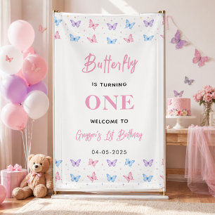 Cute Roze Paarse Vlinder 1e Verjaardag voor Meisje Spandoek