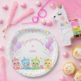 Cute Roze Pastel Babyberen Verjaardag Papieren Bordje