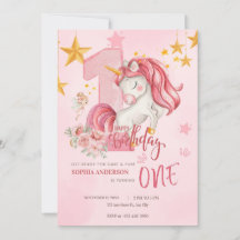 Cute Roze Pastel Eenhoorn 1e Verjaardag Uitnodigin