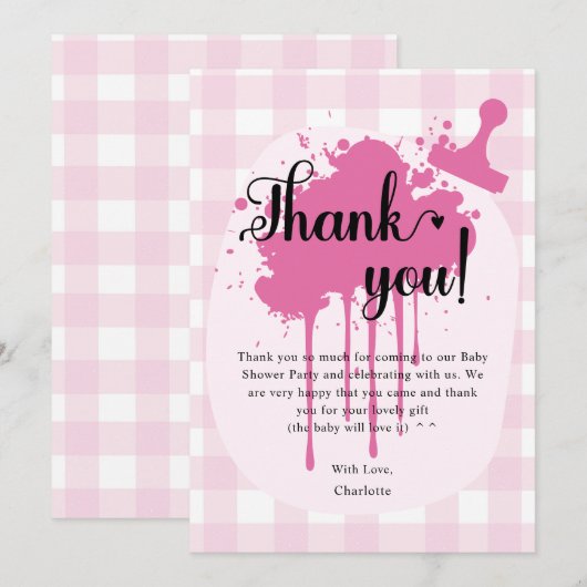 Cute Roze Pastel Gingham Baby Shower Bedankkaart (Voorkant / Achterkant)
