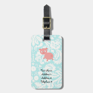 Cute roze pig; Blauwgroen schade Bagagelabel