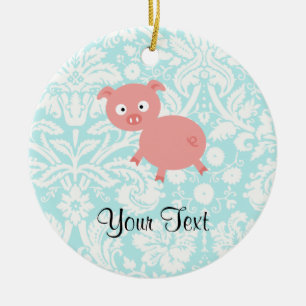Cute roze pig; Blauwgroen schade Keramisch Ornament