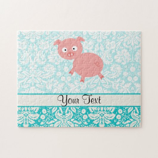 Cute roze pig; Blauwgroen schade Legpuzzel (Horizontaal)