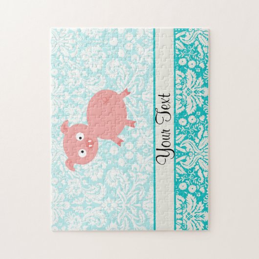 Cute roze pig; Blauwgroen schade Legpuzzel (Verticaal)