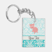 Cute roze pig; Blauwgroen schade Sleutelhanger (Voorkant Links)