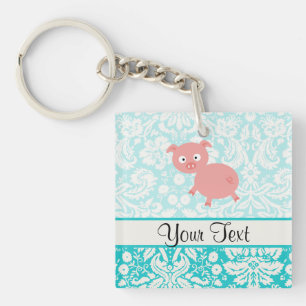 Cute roze pig; Blauwgroen schade Sleutelhanger