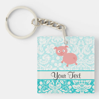 Cute roze pig; Blauwgroen schade Sleutelhanger