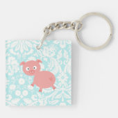 Cute roze pig; Blauwgroen schade Sleutelhanger (Achterkant)