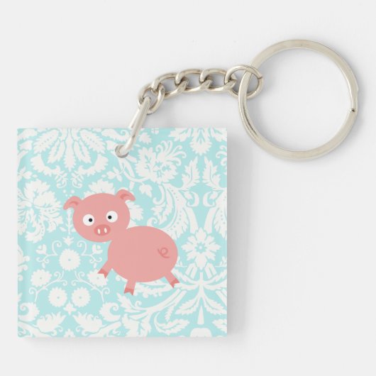 Cute roze pig; Blauwgroen schade Sleutelhanger (Achterkant)