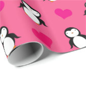 Cute roze pinguïn harten patroon cadeaupapier (Rol Hoek)