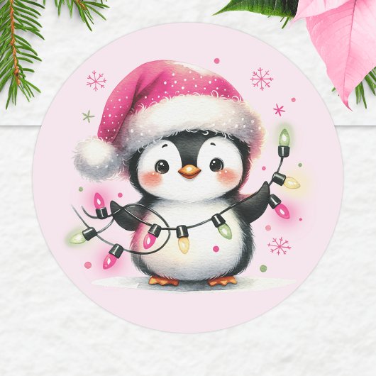 Cute Roze Pinguïn met Kerstlichtjes Ronde Sticker
