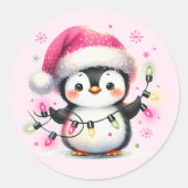 Cute Roze Pinguïn met Kerstverlichting Ronde Sticker (Voorkant)