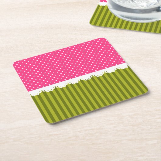 Cute roze poka Dot Green Stripes Pattern Kartonnen Onderzetters (Schuin)