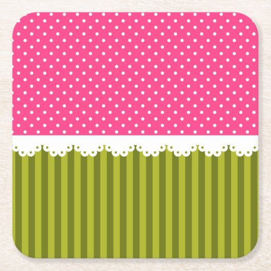 Cute roze poka Dot Green Stripes Pattern Kartonnen Onderzetters (Voorkant)