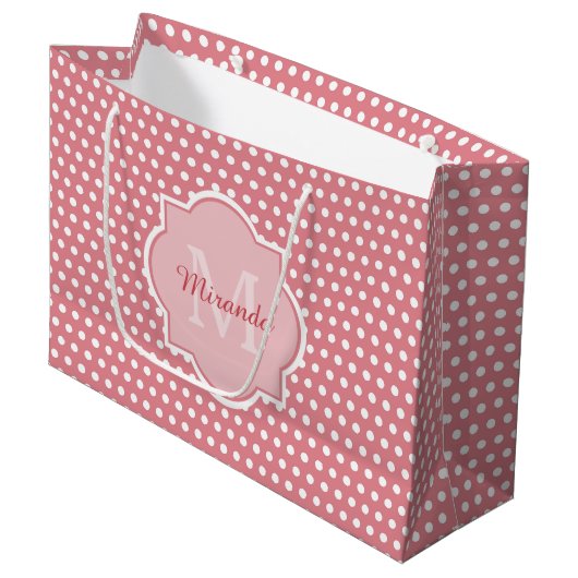 Cute roze poka dots met monogram en naam groot cadeauzakje (Voorkant Gekanteld)