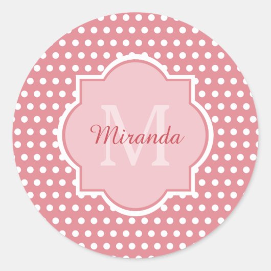 Cute roze poka dots met monogram en naam ronde sticker (Voorkant)