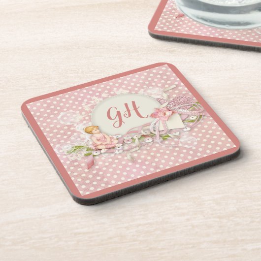 Cute &  Roze Polka Dots Girly Monogramed Bier Onderzetter (Linkerzijde)