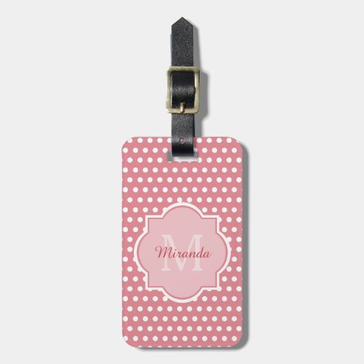 Cute roze pooldots met monogram en naam bagagelabel (Voorkant verticaal)