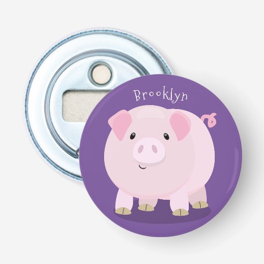 Cute roze pot bellied pig cartoon illustratie button flesopener (Voorkant)