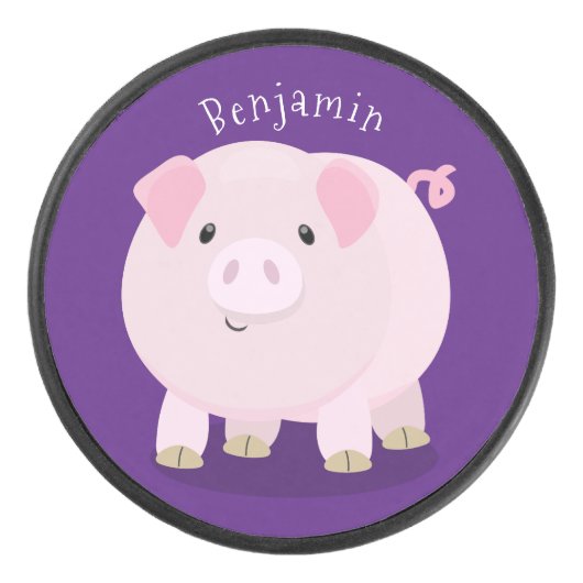 Cute roze pot bellied pig cartoon illustratie hockey puck (Voorkant)
