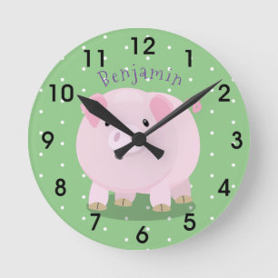 Cute roze pot bellied pig cartoon illustratie ronde klok