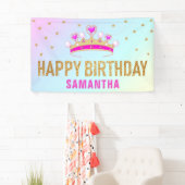Cute Roze Prinsessen Kroon Verjaardagsfeestje Spandoek (Insitu)